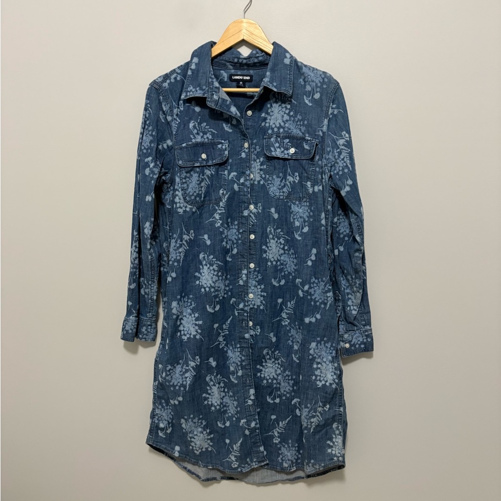 Lands' End Indigo Chambray Floral Denim Button Down Shirt Dress